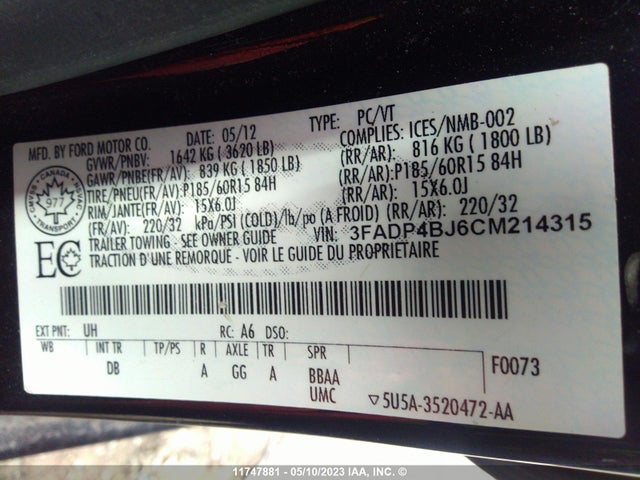 Aukcja sprzedaży 2012 Ford Fiesta Se, vin: 3FADP4BJ6CM214315, numer aukcji: 11747881