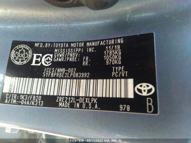 Toyota Corolla Le/l/xle 2020 5YFBPRBE2LP083992 Image 9