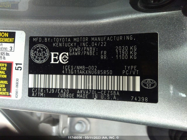 Toyota CAMRY 2022 4T1G11AKXNU685850 Image 9