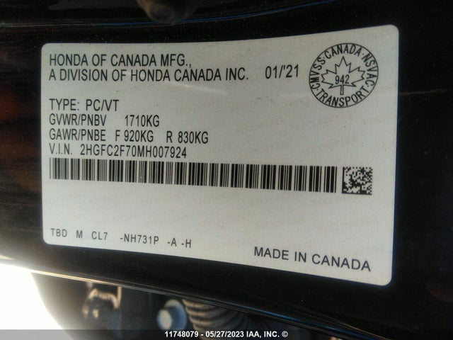 Honda Civic Ex 4dr 2021 2HGFC2F70MH007924 Image 9