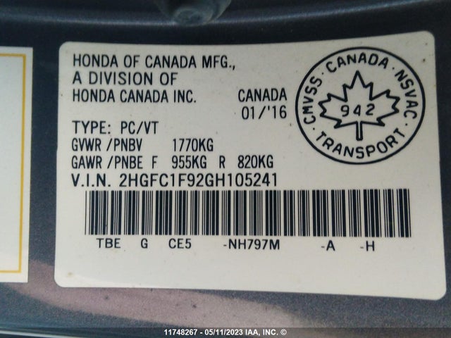 Honda Civic Touring 2016 2HGFC1F92GH105241 Image 9