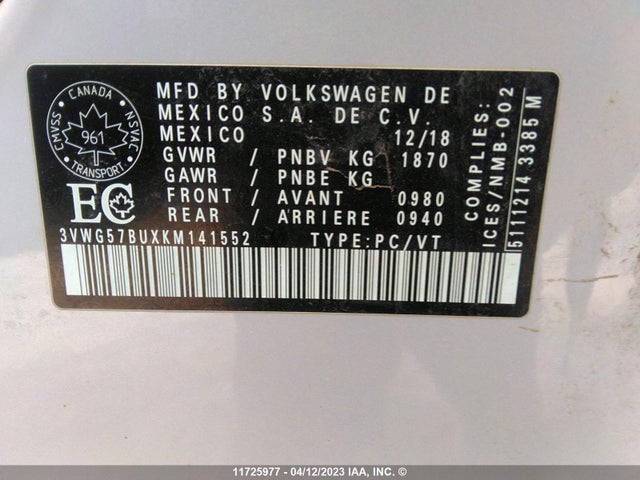 3VWG57BUXKM141552 Volkswagen Jetta Sel Premium