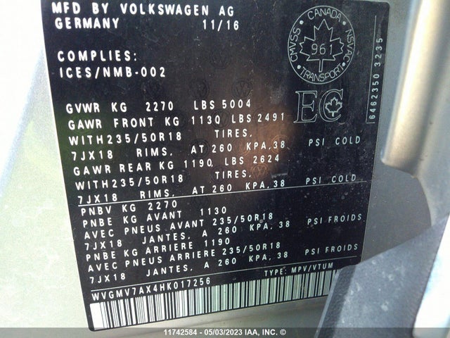 WVGMV7AX4HK017256 Volkswagen Tiguan Comfortline