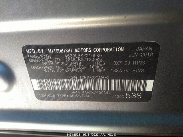 JA4AT4AA2KZ600344 Mitsubishi Eclipse Cross Se/gt/se W/tech Pkg