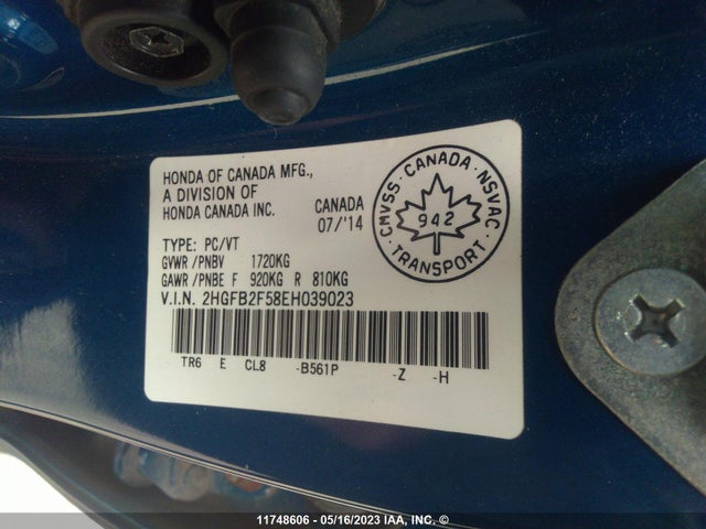 Honda Civic Lx 2014 2HGFB2F58EH039023 Image 11