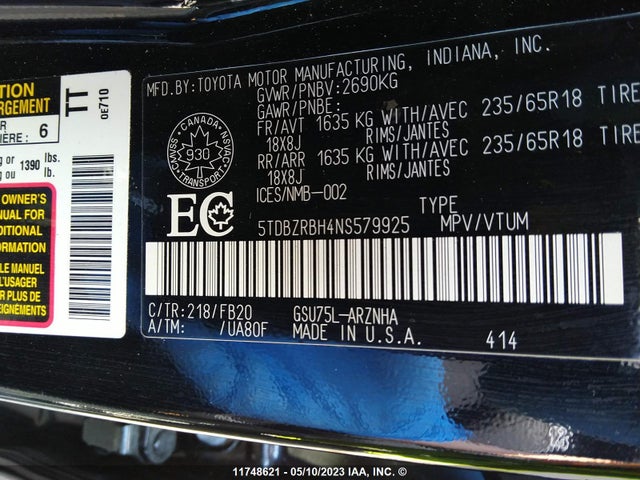 Toyota Highlander L/le 2022 5TDBZRBH4NS579925 Image 11