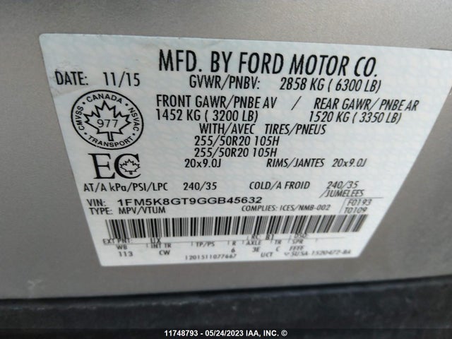 Ford EXPLORER SPORT 2016 1FM5K8GT9GGB45632 Image 9
