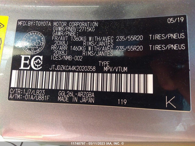 JTJDZKCA4K2020358 Lexus Rx Rx 350l