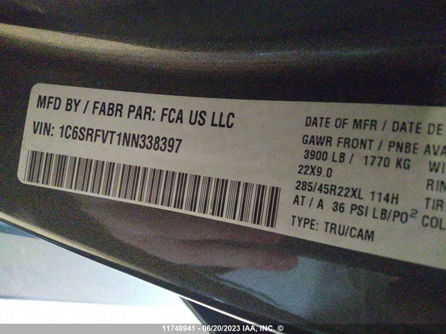 1C6SRFVT1NN338397 RAM 1500 Sport