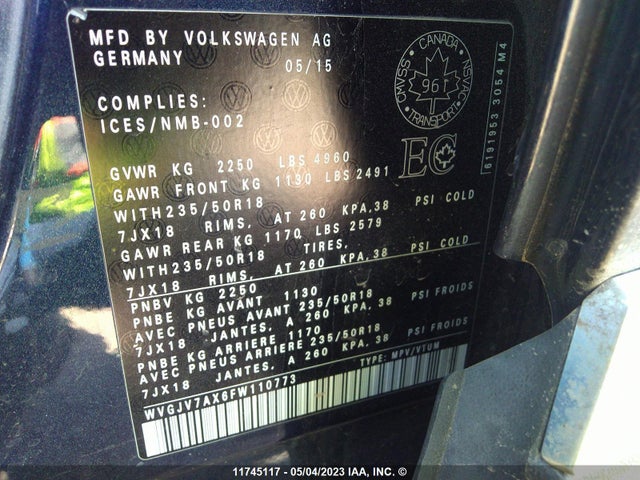 WVGJV7AX6FW110773 Volkswagen Tiguan S/se/sel/r-line