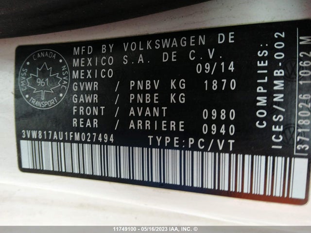 3VW817AU1FM027494 Volkswagen GOLF