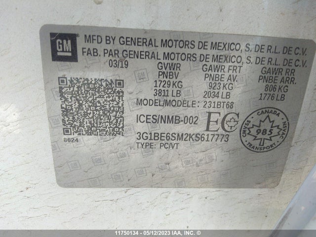 Chevrolet CRUZE LT 2019 3G1BE6SM2KS617773 Image 9