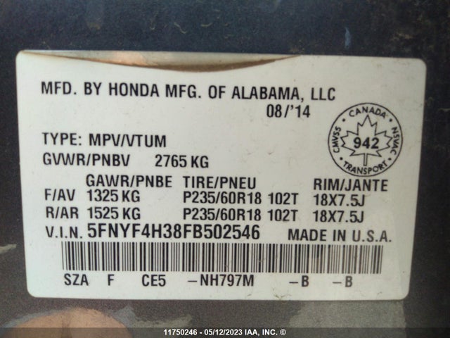Honda PILOT SE 2015 5FNYF4H38FB502546 Image 9