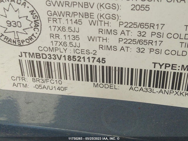 11750265 :رقم المزاد ، JTMBD33V185211745 vin ، 2008 Toyota Rav4 Base مزاد بيع
