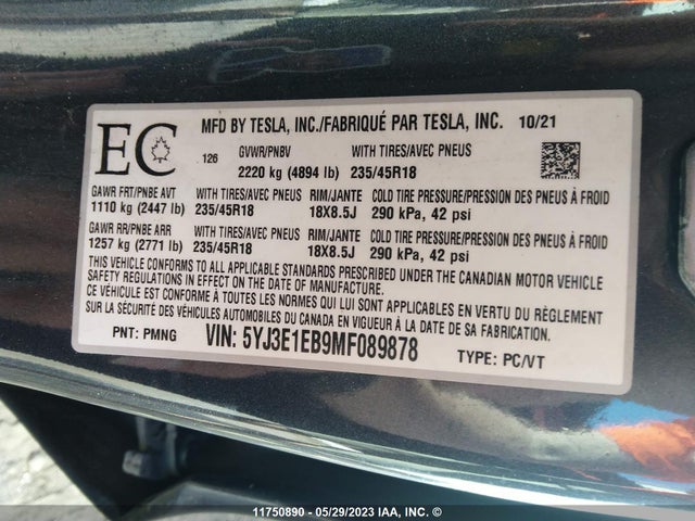Tesla Model 3 Long Range 2021 5YJ3E1EB9MF089878 Image 9