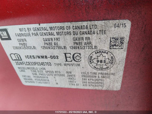 Chevrolet EQUINOX LT 2015 2GNFLCE33F6345763 Image 9