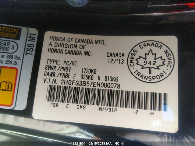 Honda Civic Lx 2014 2HGFG3B57EH000078 Image 9