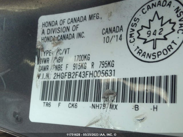 Honda Civic Sedan Lx 2015 2HGFB2F43FH005631 Image 9