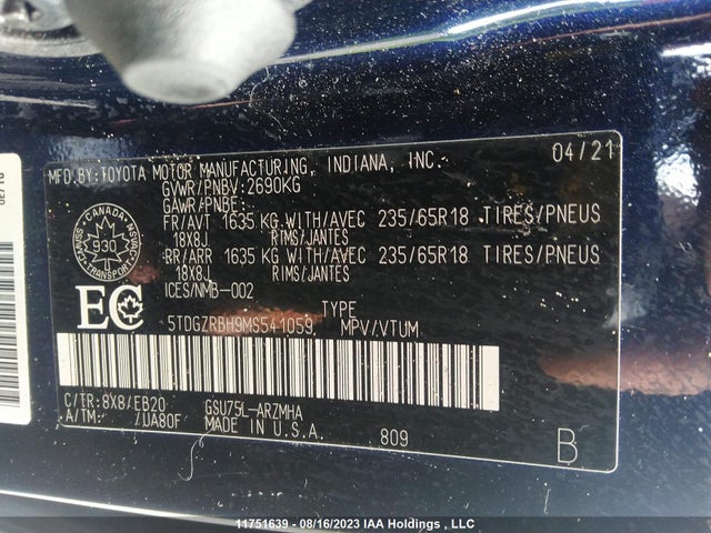 Toyota Highlander Xle 2021 5TDGZRBH9MS541059 Image 9