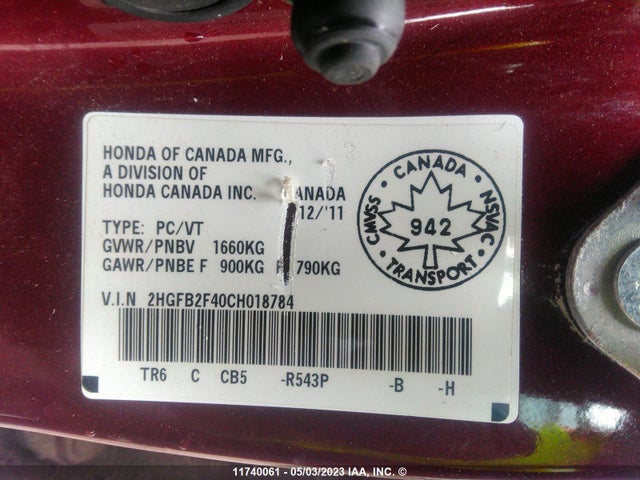 Продажа на аукционе авто 2012 Honda Civic Lx, vin: 2HGFB2F40CH018784, номер лота: 11740061