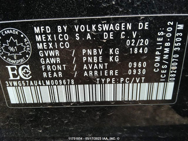3VWG57AU4LM009678 Volkswagen GOLF