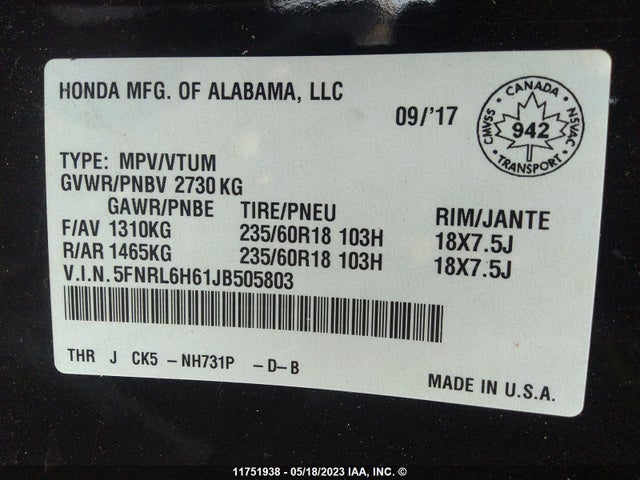 Honda Odyssey Ex-l 2018 5FNRL6H61JB505803 Image 9