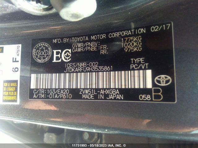 Toyota PRIUS 2017 JTDKARFU9H3535861 Image 10