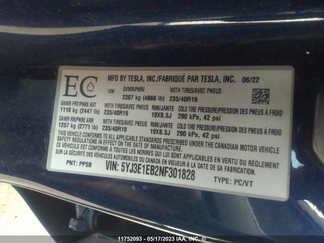 Tesla MODEL 3 2022 5YJ3E1EB2NF301828 Image 9