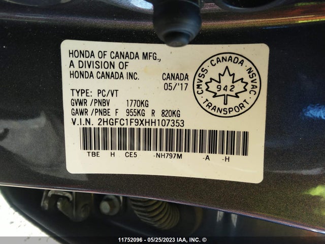 Honda Civic Touring 2017 2HGFC1F9XHH107353 Image 9
