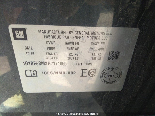 Chevrolet CRUZE LT 2017 1G1BE5SMXH7171065 Image 9