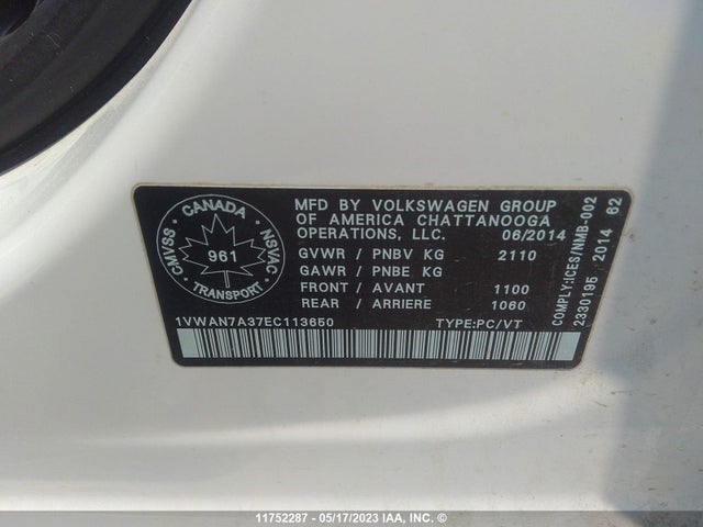Volkswagen PASSAT 2014 1VWAN7A37EC113650 Image 10