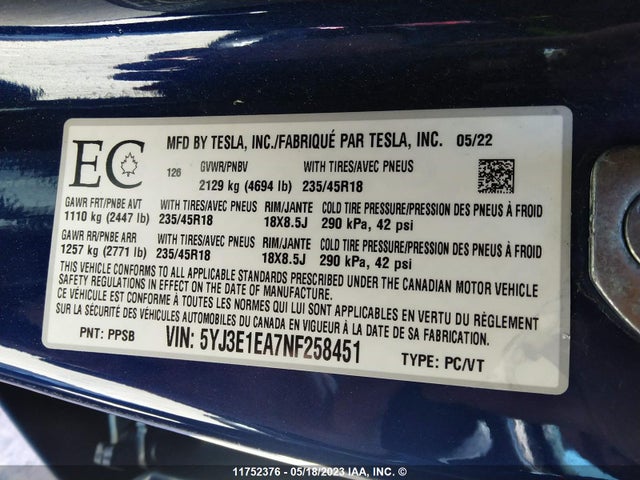 5YJ3E1EA7NF258451 Tesla MODEL 3
