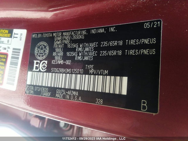 Toyota Highlander Xle 2021 5TDGZRBH3MS125010 Image 9
