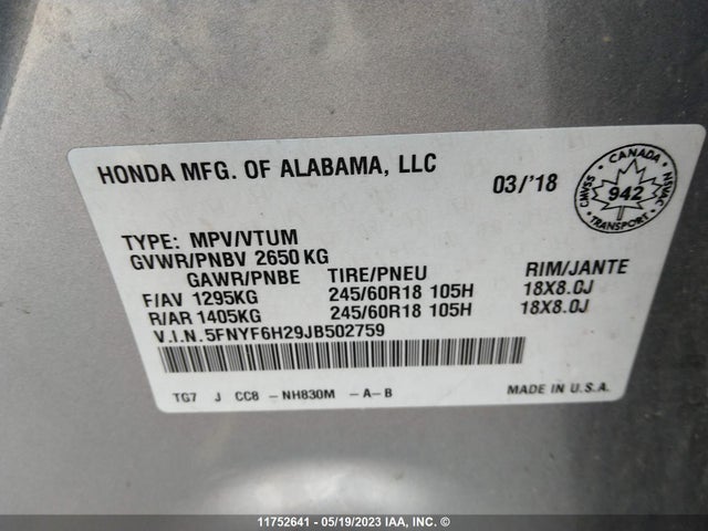 Honda PILOT LX 2018 5FNYF6H29JB502759 Image 9