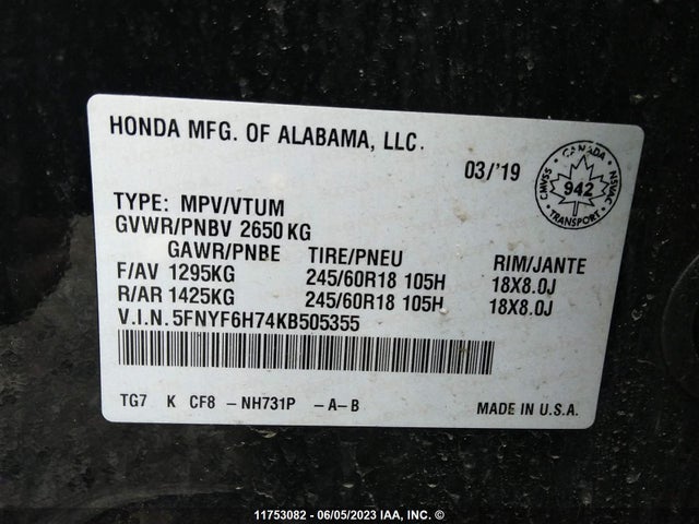 Honda PILOT EXL 2019 5FNYF6H74KB505355 Image 11