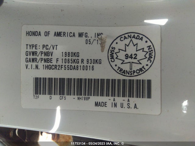 11753134 :رقم المزاد ، 1HGCR2F55DA810016 vin ، 2013 Honda Accord Sport مزاد بيع