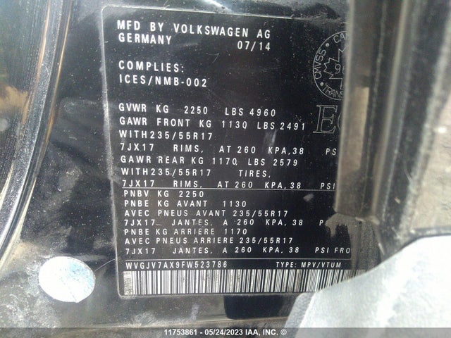 WVGJV7AX9FW523786 Volkswagen TIGUAN