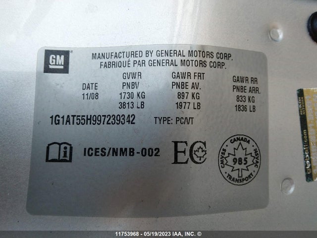 Продаж на аукціоні авто 2009 Chevrolet Cobalt Lt, vin: 1G1AT55H997239342, номер лоту: 11753968