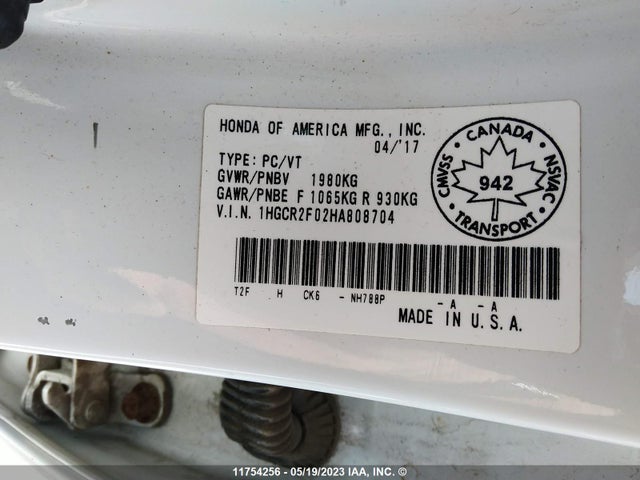 Honda ACCORD EX 2017 1HGCR2F02HA808704 Image 10