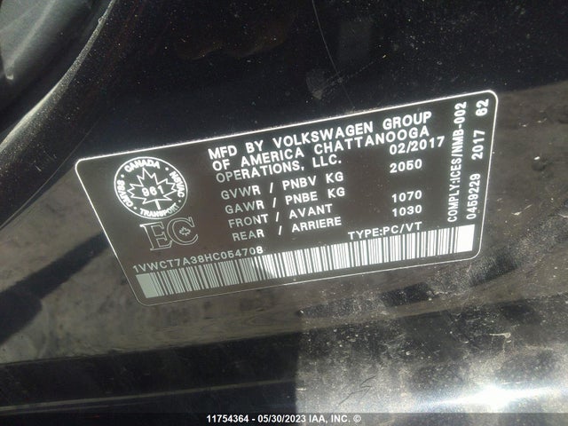 1VWCT7A38HC054708 Volkswagen Passat Sel Premium
