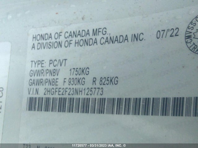 Honda Civic Lx 2022 2HGFE2F23NH125773 Image 10