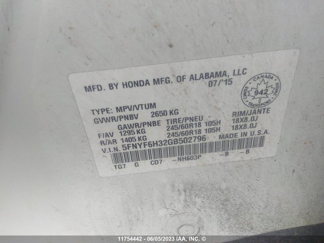 Honda Pilot Ex 2016 5FNYF6H32GB502796 Image 9