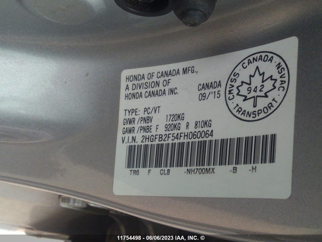 Honda Civic Lx 2015 2HGFB2F54FH060064 Image 9