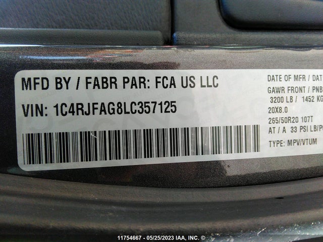 1C4RJFAG8LC357125 Jeep Grand Cherokee Laredo