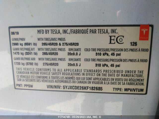 Tesla MODEL X 2019 5YJXCDE26KF182685 Image 10