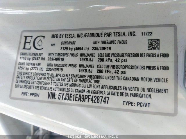 5YJ3E1EA9PF428747 Tesla MODEL 3