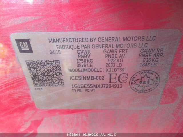 Chevrolet CRUZE LT 2018 1G1BE5SMXJ7204913 Image 10