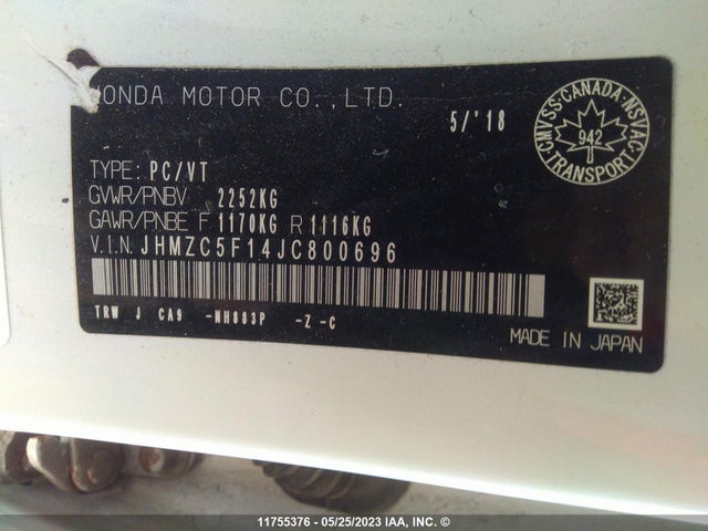 Honda Clarity 2018 JHMZC5F14JC800696 Image 11