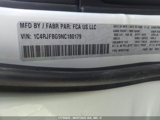 1C4RJFBG9NC180179 Jeep Grand Cherokee Limited