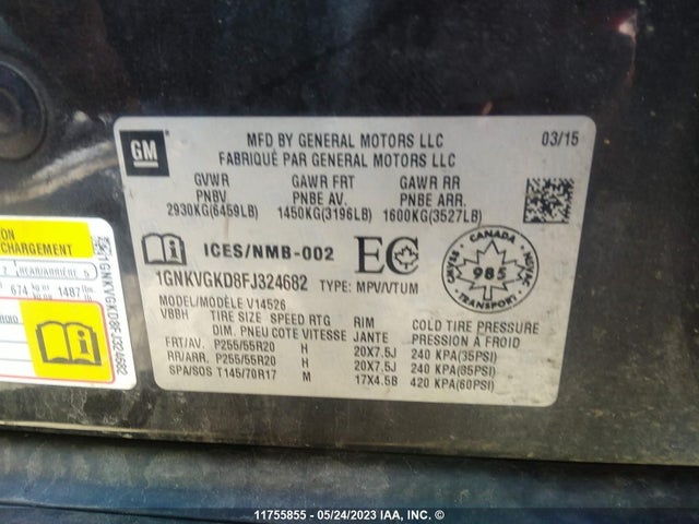 Chevrolet Traverse Lt 2015 1GNKVGKD8FJ324682 Image 9